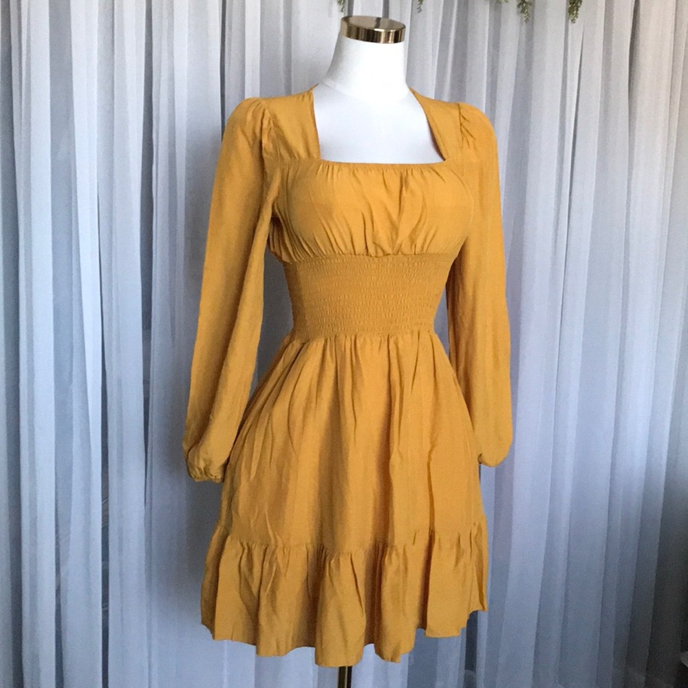 Mustard Long Sleeve Ruffle Dress